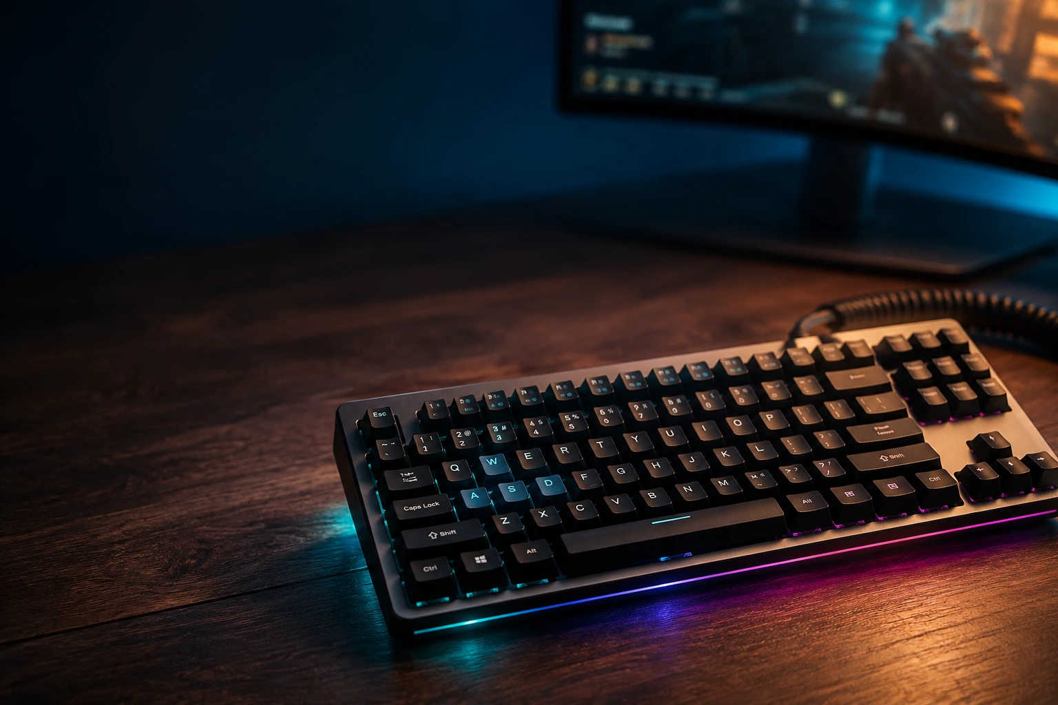 Tenkeyless mechanical TKL gaming keyboard with aluminum top plate and teal RGB underglow on a dark walnut gaming desk