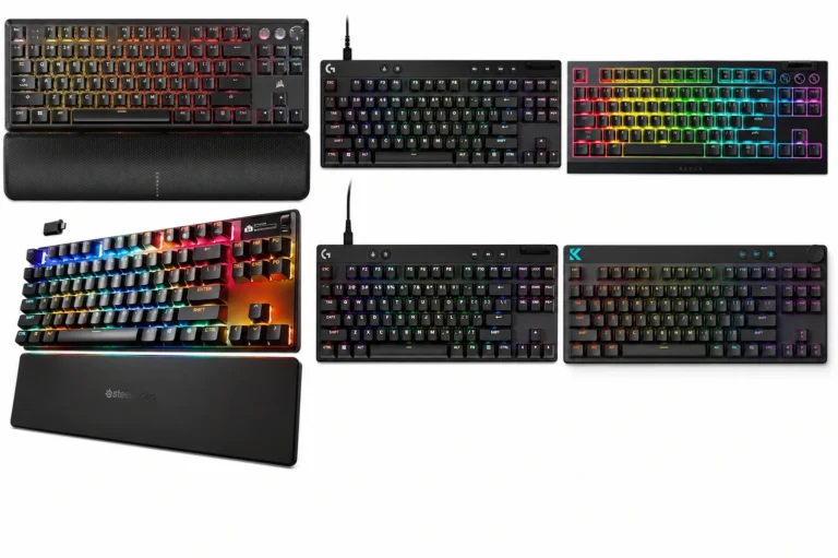 Best TKL gaming keyboard lineup — premium tenkeyless mechanical keyboard with RGB underglow on a dark gaming desk