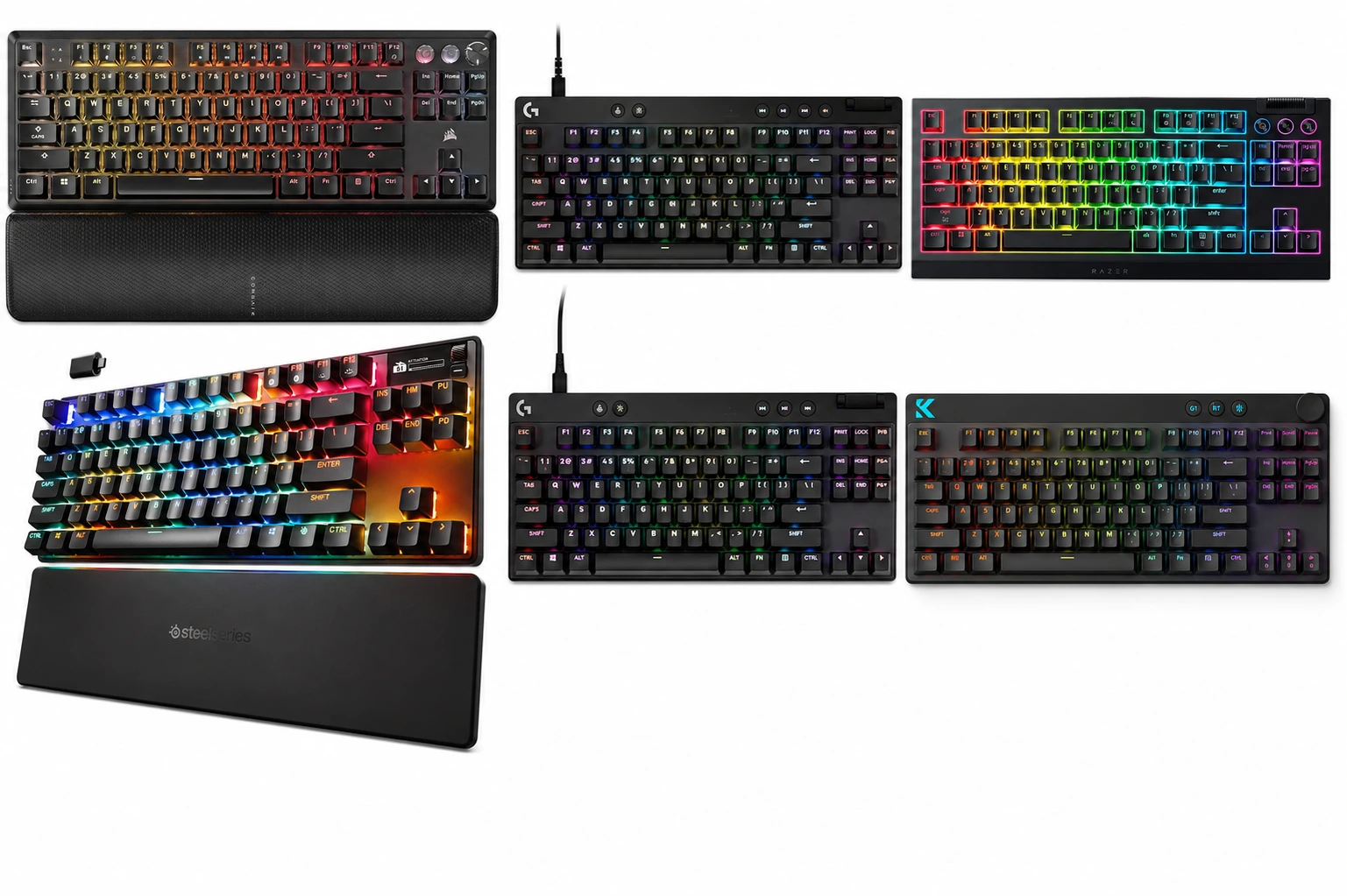 Best TKL gaming keyboard lineup — premium tenkeyless mechanical keyboard with RGB underglow on a dark gaming desk