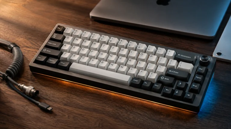 Best wireless gaming keyboard for Mac shown on a walnut desk beside a 14-inch MacBook Pro and iPad