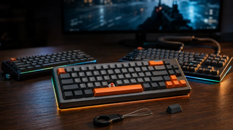 Best wireless gaming keyboards — three premium models on a wooden desk with RGB underglow and a blurred gaming monitor.