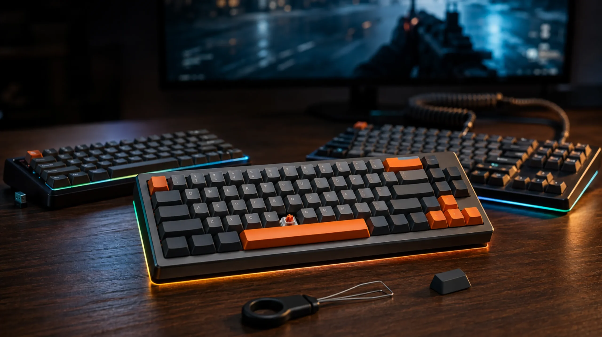 Best wireless gaming keyboards — three premium models on a wooden desk with RGB underglow and a blurred gaming monitor.