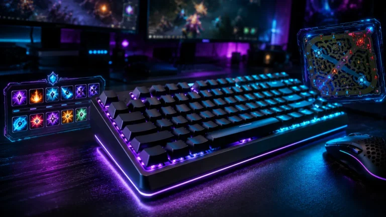 Best wireless gaming keyboard for MMO and MOBA players with RGB lighting and dedicated macro keys on a gaming desk