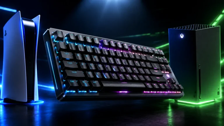 Best wireless gaming keyboard for PS5 and Xbox shown with both consoles and RGB backlighting