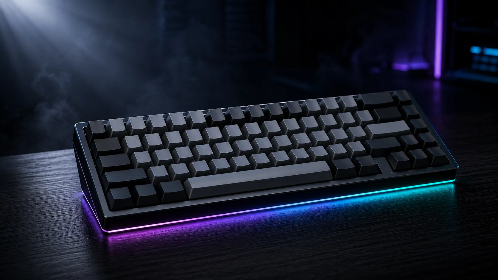 Best silent wireless gaming keyboard — 75% mechanical board with PBT keycaps and subtle RGB underglow on a dark desk