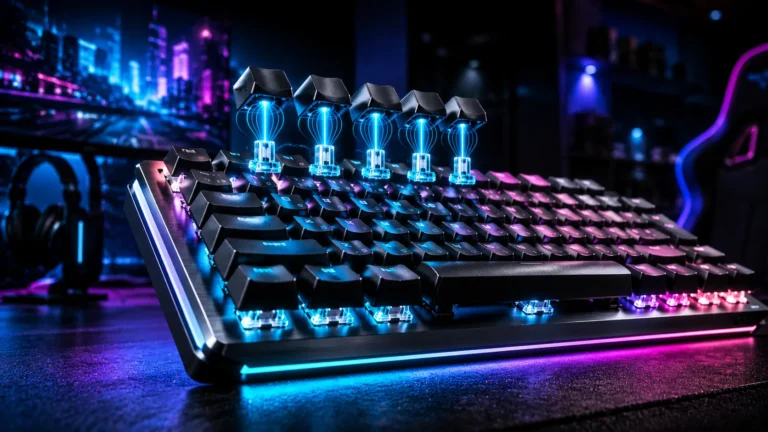 Best wireless hall effect gaming keyboard with RGB lighting and magnetic switches on a dark desk setup