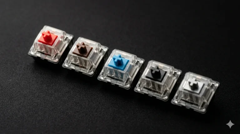 Cherry MX switches lineup showing Red, Brown, Blue, Black, and Speed Silver mechanical keyboard switches arranged on a matte black desk