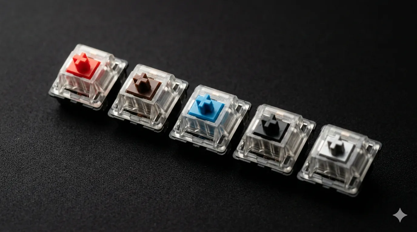 Cherry MX switches lineup showing Red, Brown, Blue, Black, and Speed Silver mechanical keyboard switches arranged on a matte black desk