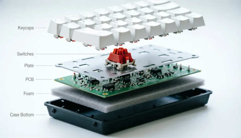 Exploded view of mechanical keyboard parts showing keycaps, switches, plate, PCB, foam, and case layers stacked vertically