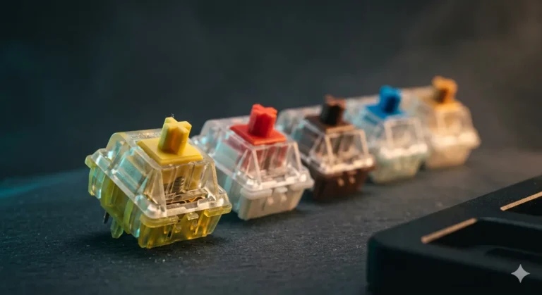 Macro close-up of five Gateron switches — Yellow, Red, Brown, Blue, and Oil King — arranged on a dark slate surface