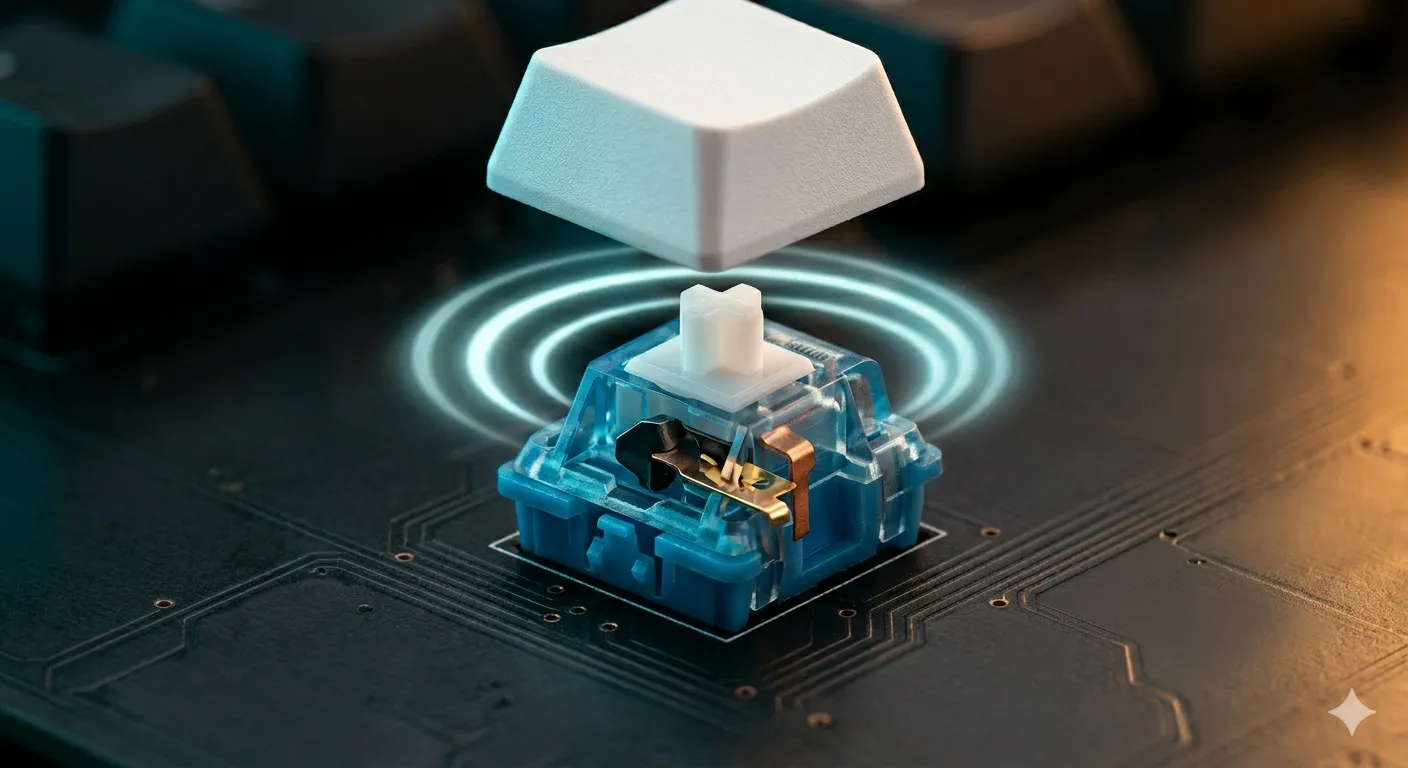 Macro close-up of a translucent blue clicky switch showing the internal click bar mechanism, with a blank white PBT keycap floating just above the stem.