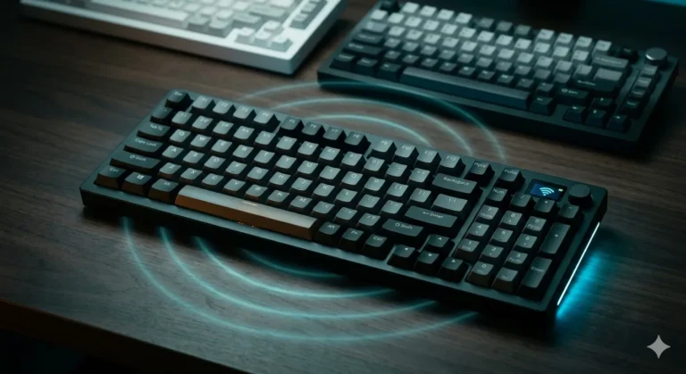 Wireless gaming keyboard guide thumbnail with concentric cyan wireless signal arcs and a minimalist 96% keyboard layout outline on a dark editorial background