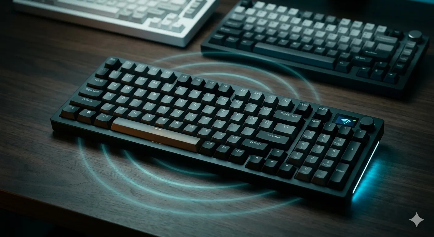 Wireless gaming keyboard guide thumbnail with concentric cyan wireless signal arcs and a minimalist 96% keyboard layout outline on a dark editorial background