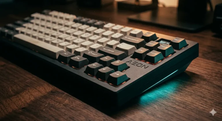 Premium hall effect mechanical keyboard with magnetic switches and ambient RGB lighting on a dark wooden desk