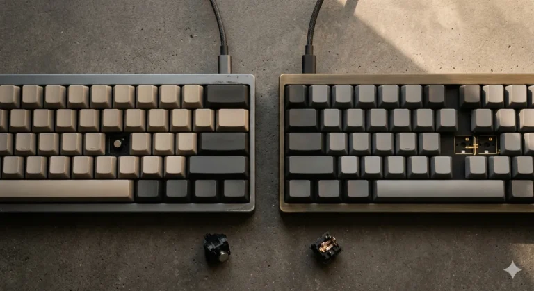 Hall effect keyboard and mechanical keyboard side by side with switches removed showing magnet stem and leaf contacts