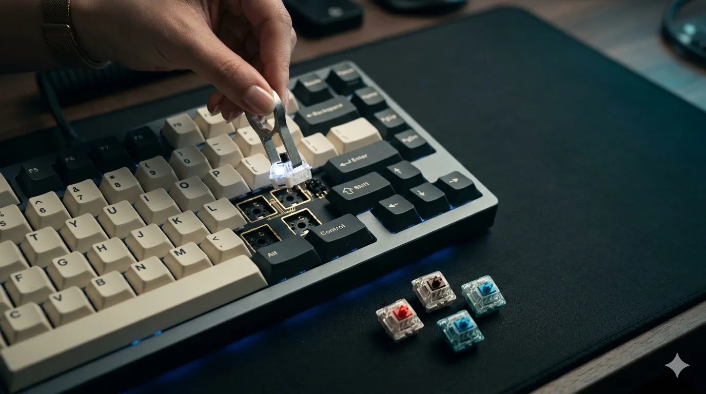 Hand using a switch puller to remove a mechanical switch from a hot swappable keyboard PCB with gold Kailh sockets