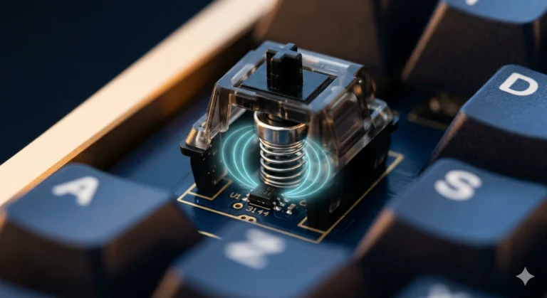 Cutaway view of a Hall effect keyboard switch showing the magnet on the stem and the sensor on the PCB, with cyan magnetic field lines between them