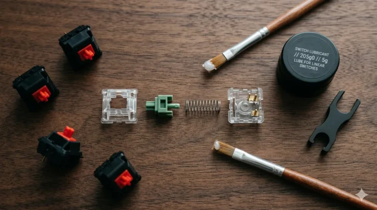 How to lube switches — disassembled mechanical keyboard switch with Krytox 205g0 lube, brush, and switch opener on a dark wooden desk