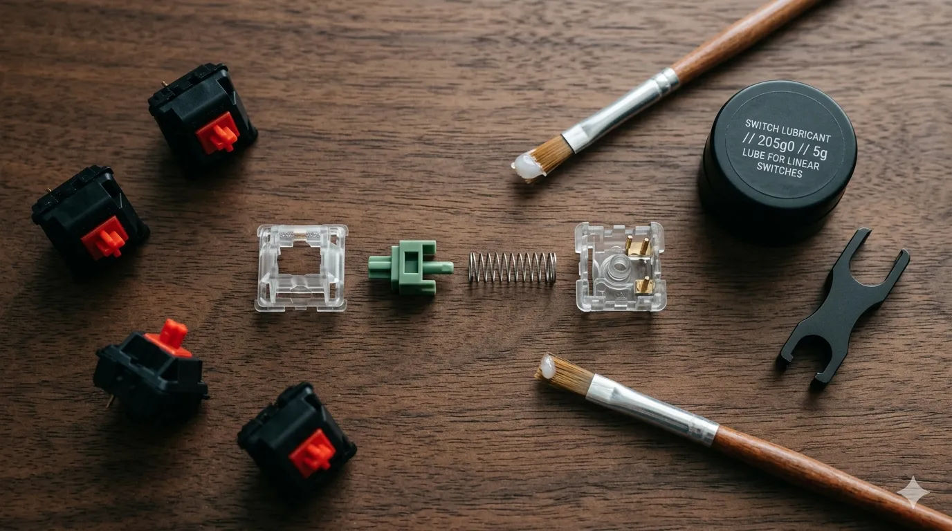How to lube switches — disassembled mechanical keyboard switch with Krytox 205g0 lube, brush, and switch opener on a dark wooden desk