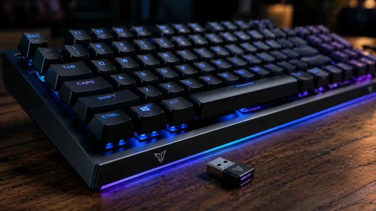 Wireless gaming keyboard with USB receiver dongle on a desk, illustrating connection drop troubleshooting