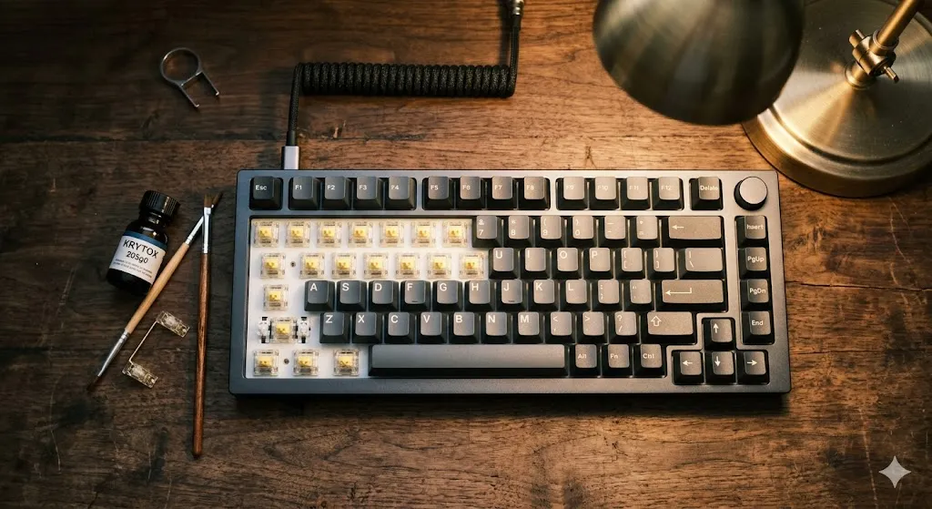 Mechanical keyboard being modded for quieter typing with lube and tools on a wood desk
