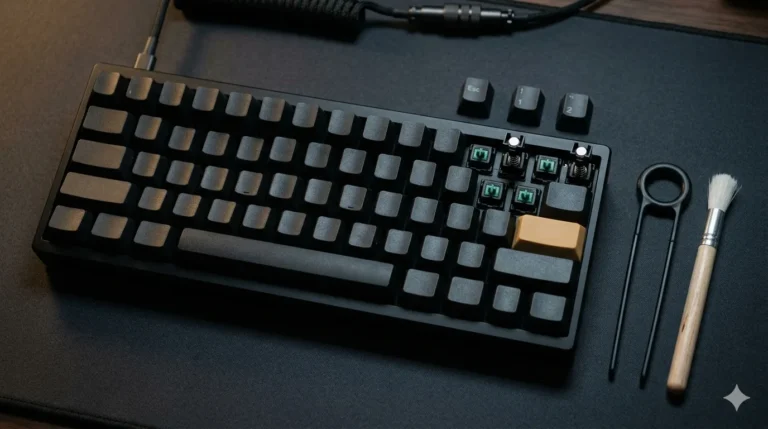 Hall Effect keyboard with switches removed showing magnets, lube brush and switch puller ready for modding