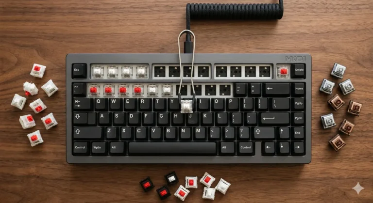 Top-down view of Kailh Box, Speed, and Choc switches arranged around a hot-swap mechanical keyboard