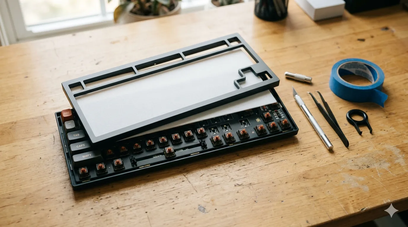 Mechanical keyboard mid-teardown with PE foam sheet and blue painter's tape on a workbench