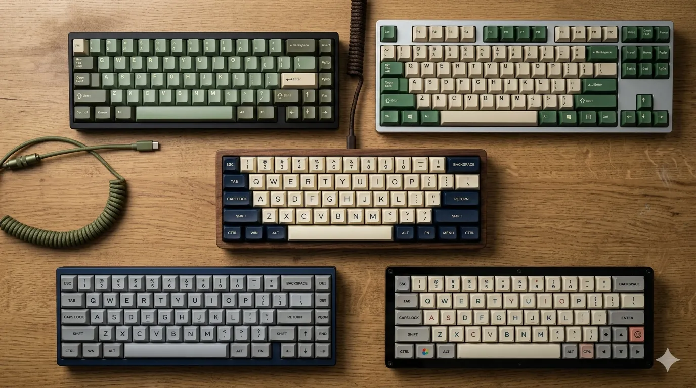 Five mechanical keyboards displaying Cherry, OEM, SA, DSA, and XDA keycap profiles side by side on a wooden desk
