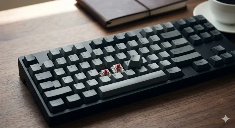 Hall Effect keyboard with one keycap removed showing the magnetic switch underneath