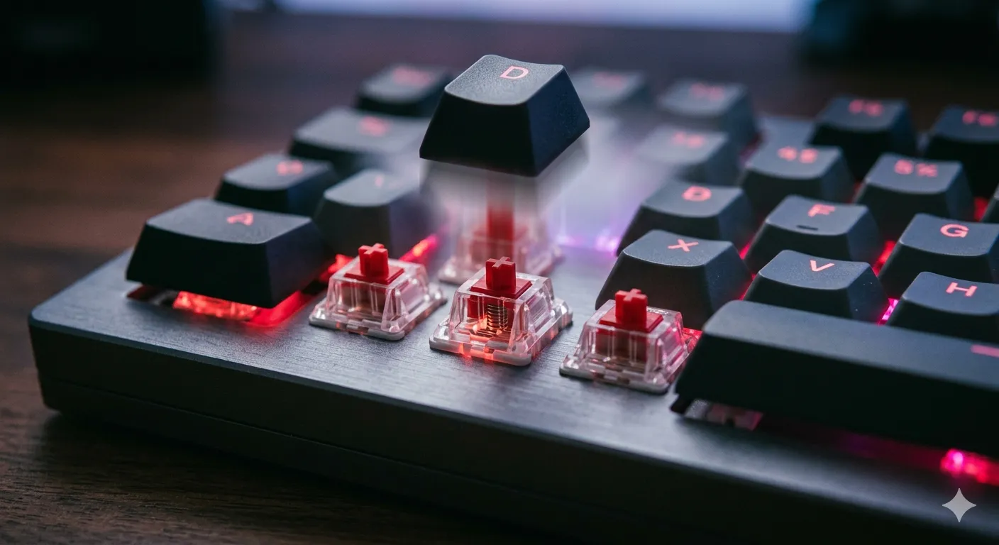 Close-up macro shot of linear switches inside a mechanical keyboard with red RGB underglow, illustrating why FPS pros prefer linear switches for competitive gaming