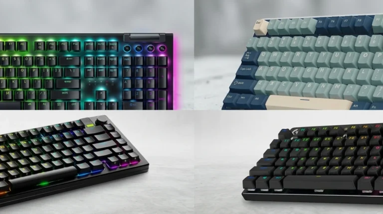 Mechanical gaming keyboard with PBT keycaps on a wooden desk, TKL layout shown from above
