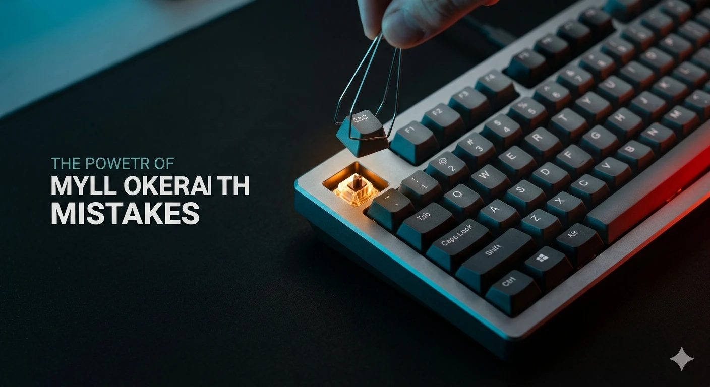 Mechanical keyboard buying guide thumbnail showing a premium gasket-mounted keyboard with a keycap lifted, exposing a glowing switch.
