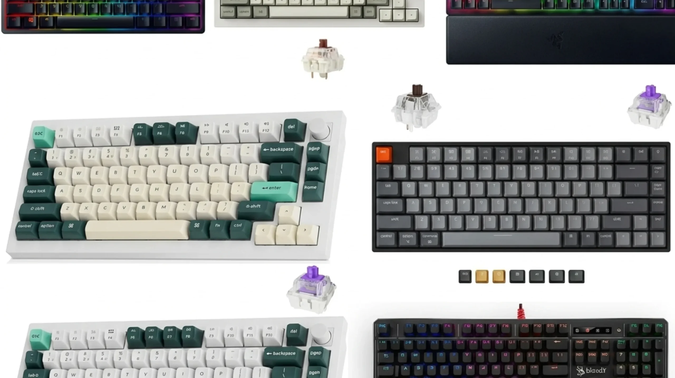Mechanical vs optical keyboard switches compared up close, showing metal contact leaves and infrared light sensor side by side