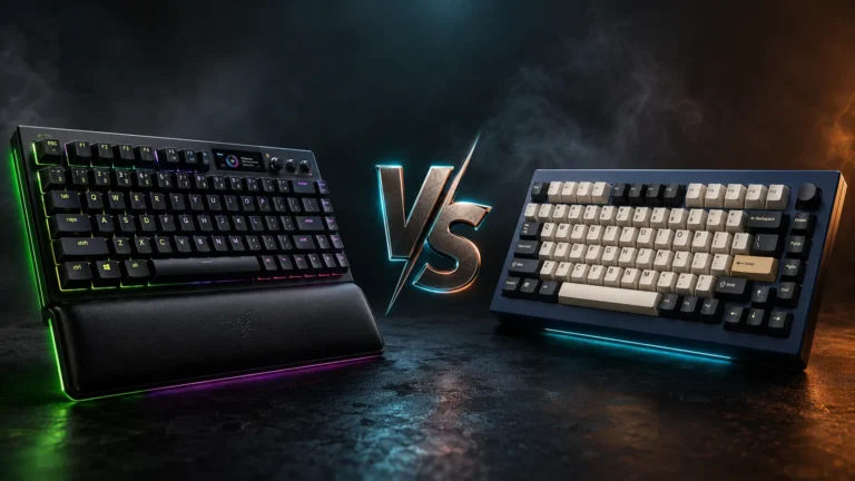 Razer BlackWidow V4 Pro 75 vs Keychron Q1 HE wireless 75% mechanical keyboards side-by-side on a dark desk with RGB lighting