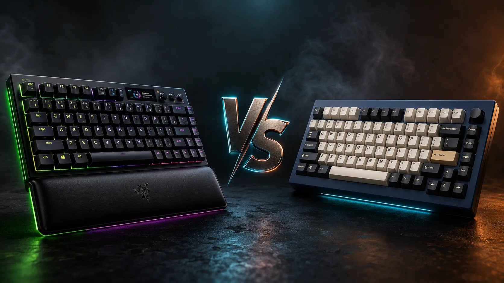 Razer BlackWidow V4 Pro 75 vs Keychron Q1 HE wireless 75% mechanical keyboards side-by-side on a dark desk with RGB lighting