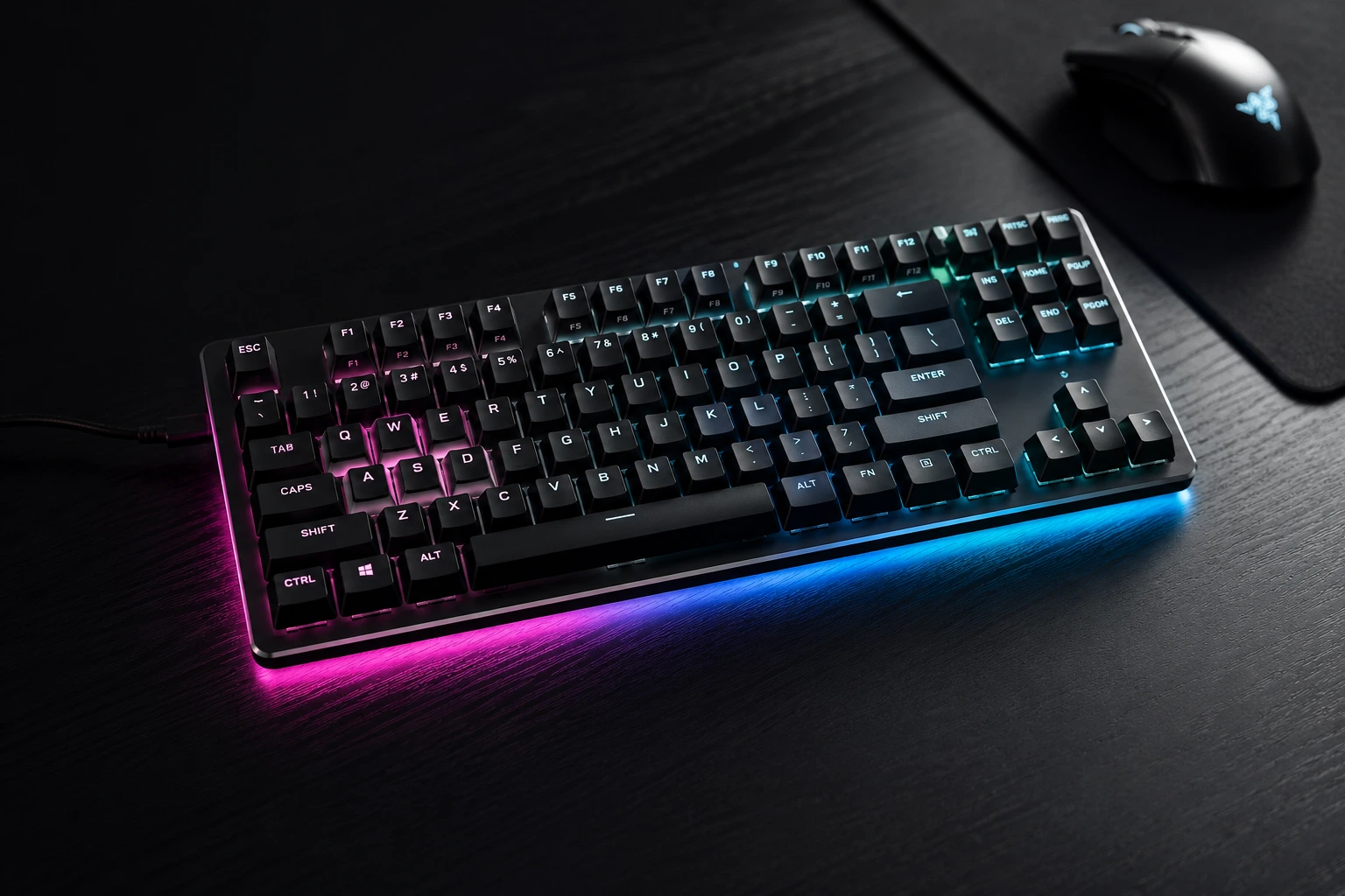 Premium tenkeyless TKL gaming keyboard with RGB underglow on a dark gaming desk setup