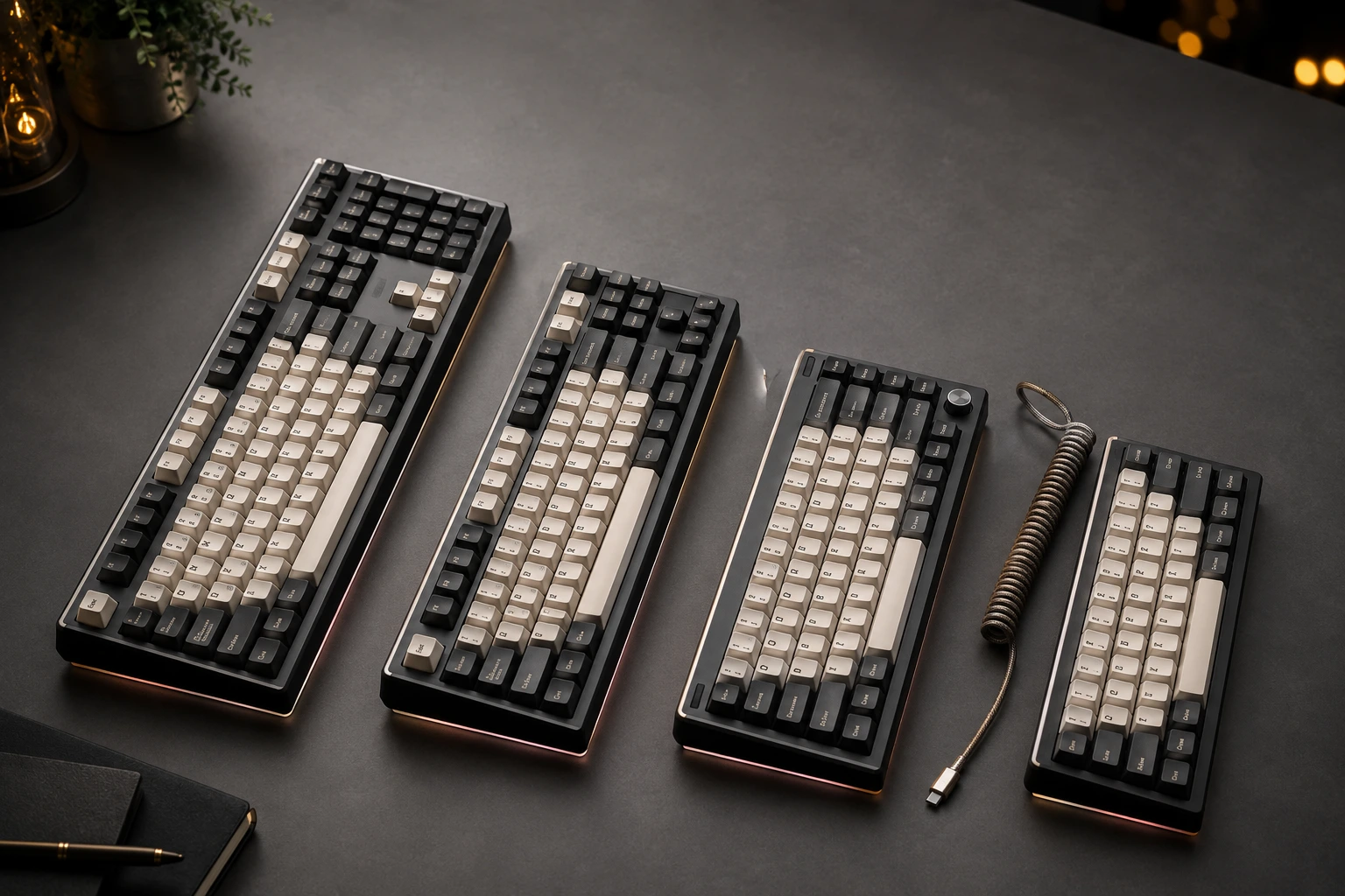 TKL vs full size keyboard comparison with 75% and 60% layouts side by side on a dark desk