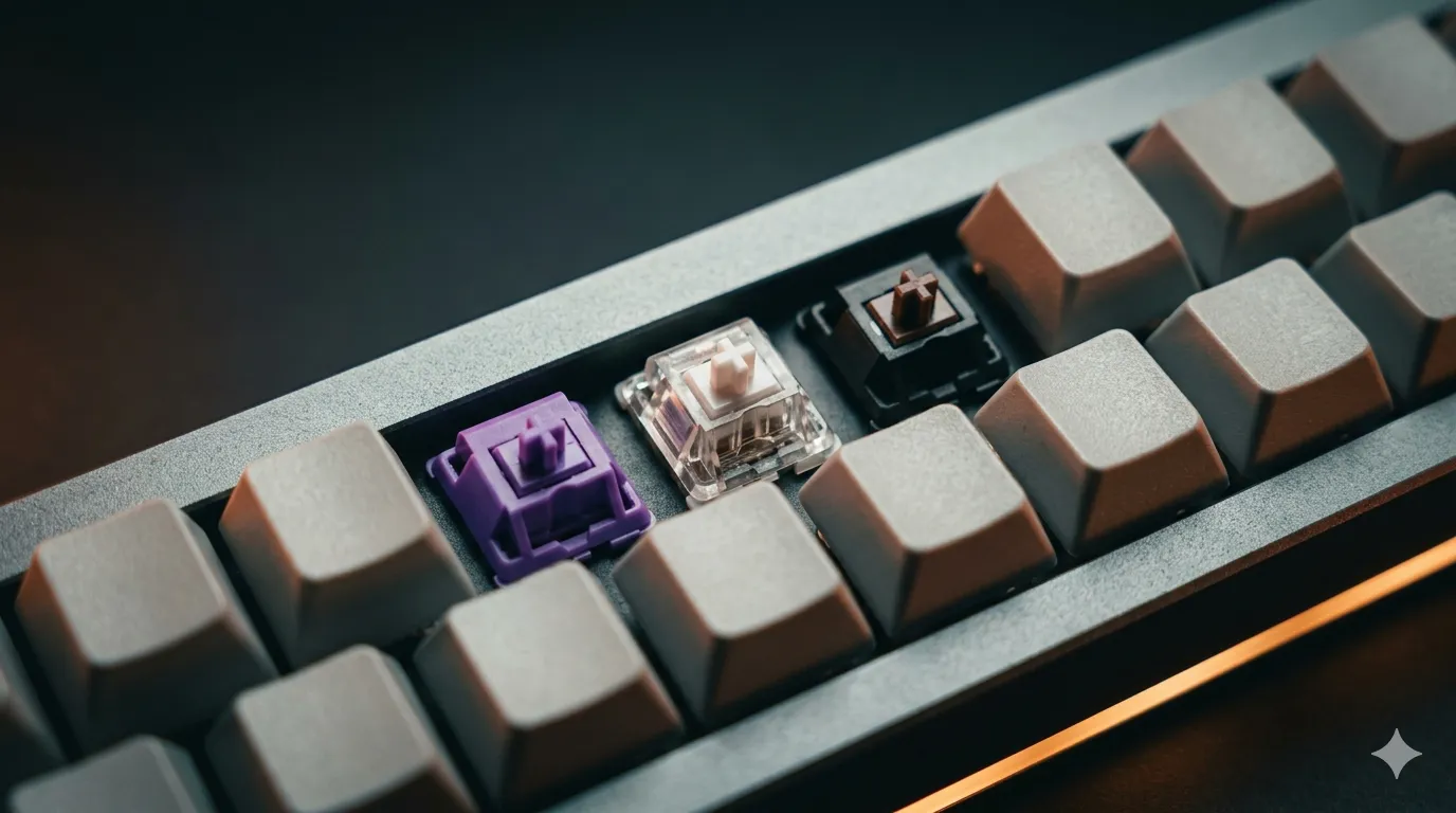 Close-up of tactile mechanical keyboard switches showing purple Akko Lavender, clear Boba U4T, and brown switches with exposed stems and springs on a premium keyboard