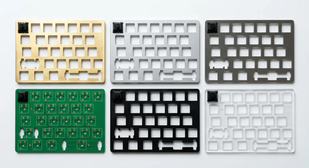 Mechanical keyboard mounting plates in aluminum, brass, polycarbonate, FR4, and carbon fiber