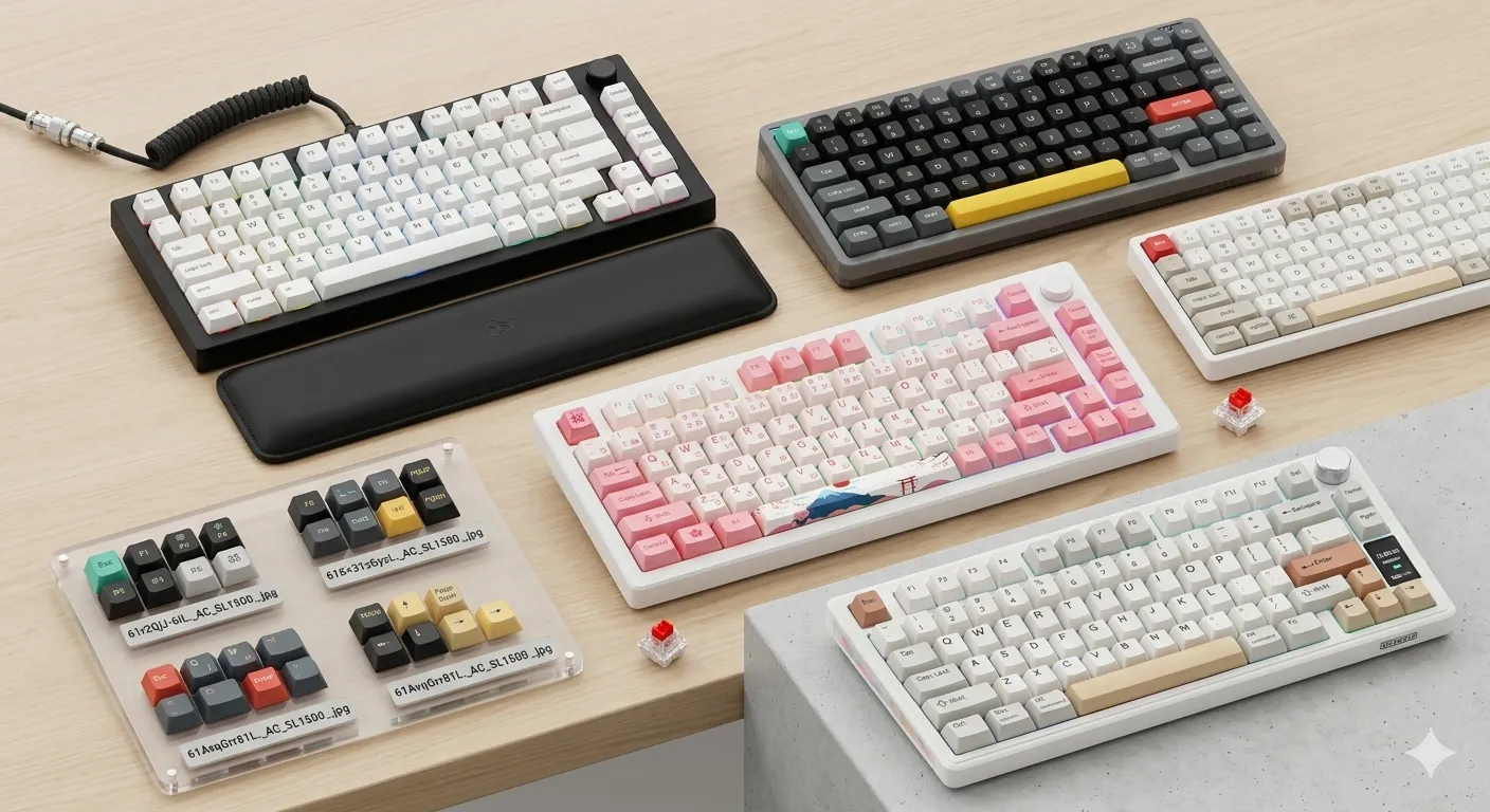 Split-lit mechanical keyboard comparing thocky and clacky sound profiles with warm and cool lighting