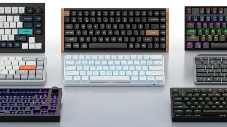 Modern mechanical keyboard with PBT keycaps on a wooden desk showing individual switches under each key