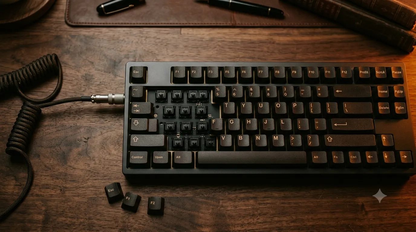 Mechanical keyboard with keycaps removed showing exposed switches and PCB, illustrating why mechanical keyboards sound hollow inside