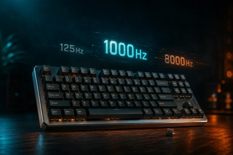 Wireless gaming keyboard polling rate comparison showing 125Hz, 1000Hz, and 8000Hz options above a 75% mechanical keyboard with RGB underglow