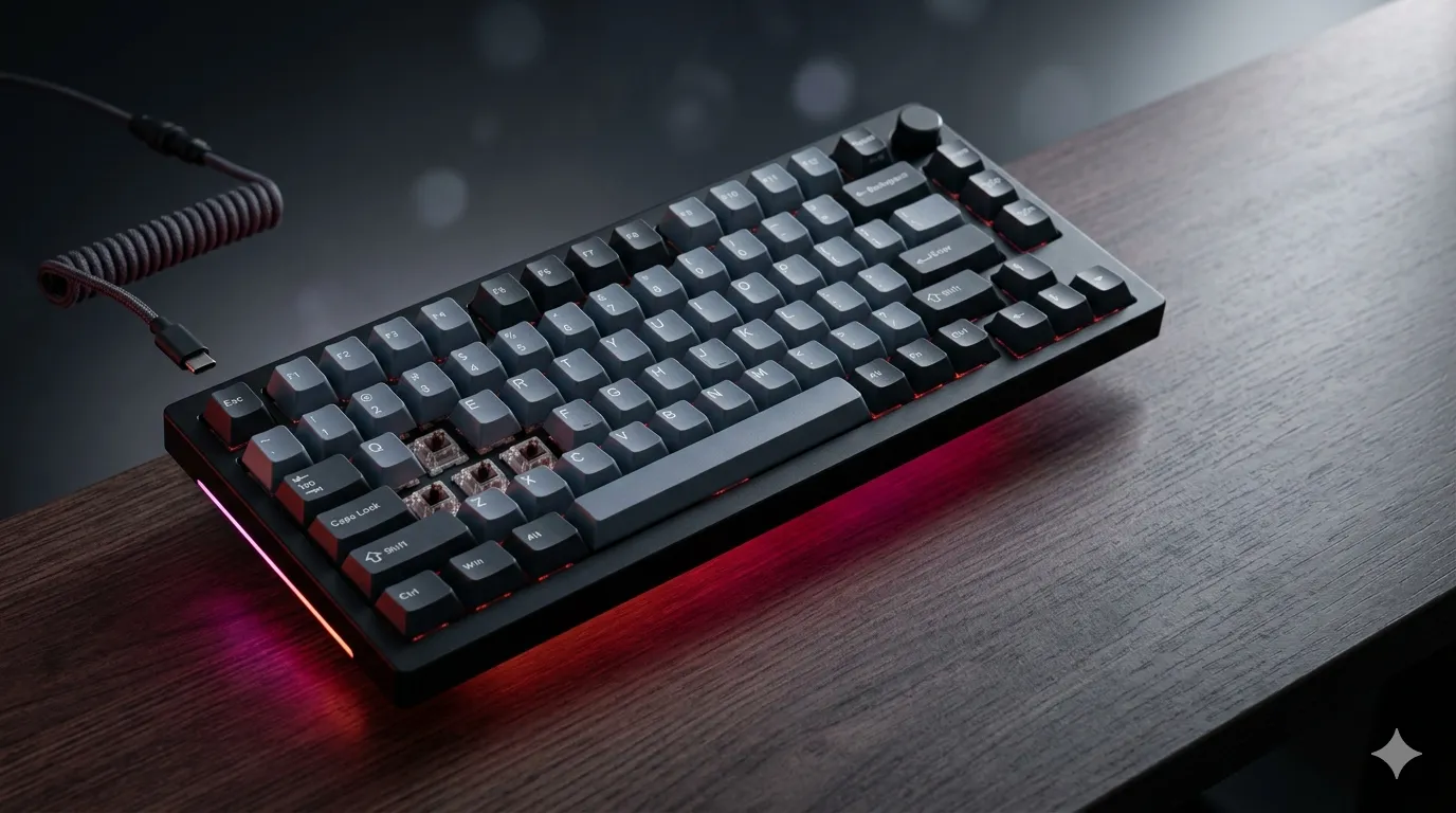 Wireless gaming keyboards lineup featuring a 75% mechanical keyboard with RGB lighting and disconnected USB-C cable