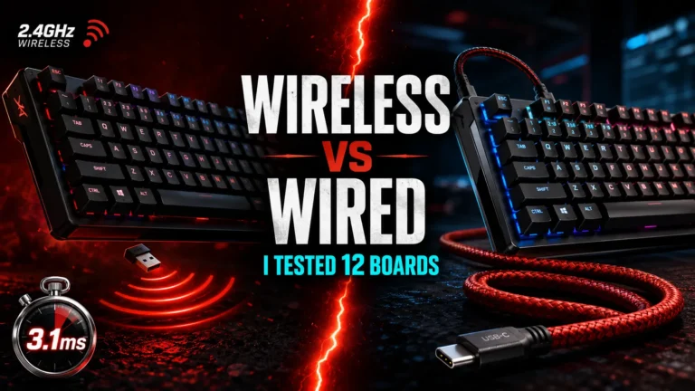 Wireless vs wired gaming keyboard comparison thumbnail showing two mechanical keyboards split-screen with latency test results
