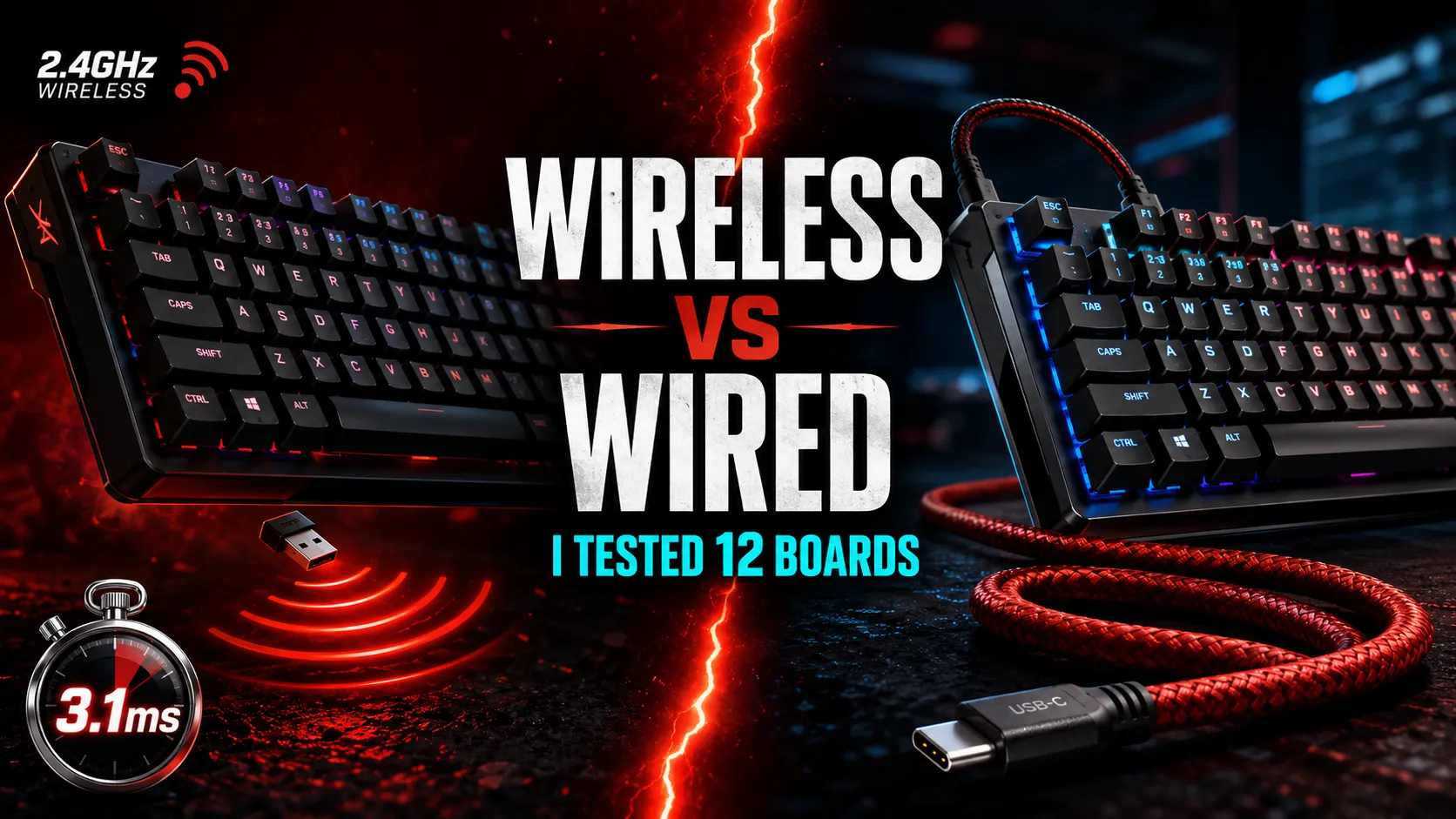 Wireless vs wired gaming keyboard comparison thumbnail showing two mechanical keyboards split-screen with latency test results