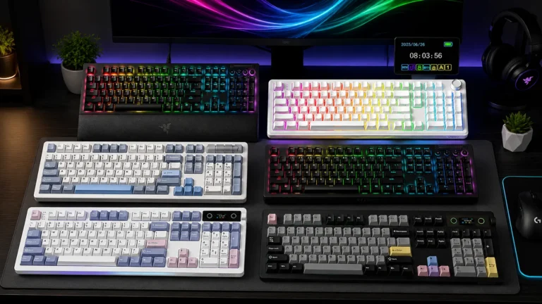 Best silent TKL gaming keyboards lineup with RGB backlight, featuring the SteelSeries Apex Pro TKL Gen 3, AULA F99 Pro Silent, and Razer BlackWidow V4 for quiet gaming and shared offices