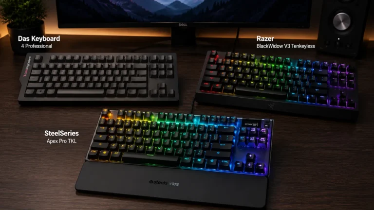 Best TKL gaming keyboards with USB passthrough lined up on a desk showing the built-in USB ports