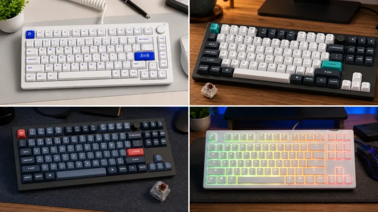 Lineup of the best TKL keyboards for streaming setups tested on a stream desk with a microphone